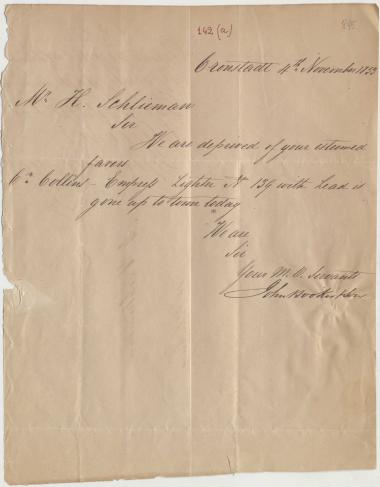 Letter sent by Booker, John & Son to Schliemann, Heinrich, 1853