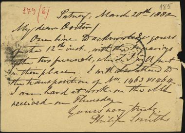 Letter sent by Smith, Philip to Schliemann, Heinrich, 1880