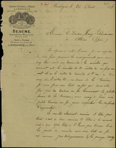 Letter sent by Beaume, A. to Schliemann, Heinrich, 1878