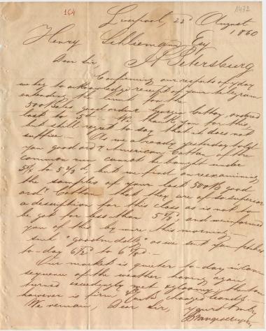 Letter sent by Prange & Meyer to Schliemann, Heinrich, 1860