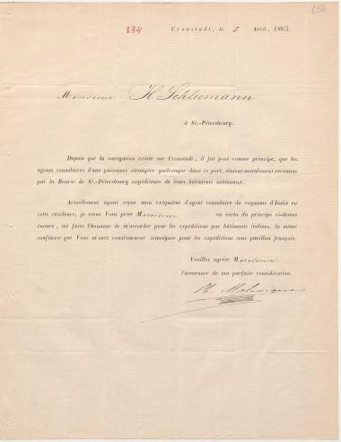 Letter sent by Malevigne, Ch. to Schliemann, Heinrich, 1863