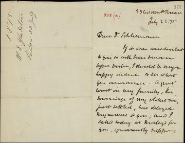 Letter sent by Gladstone, William Ewart  to Schliemann, Heinrich, 1875