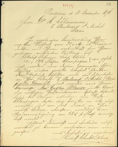 Letter sent by Schultz, Ludolf & Klug to Schliemann, Heinrich, 1878