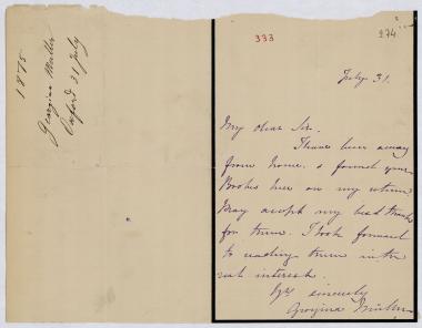 Letter sent by Müller, Georgina to Schliemann, Heinrich, 1875