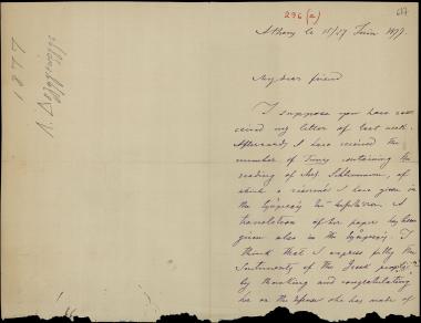 Letter sent by Δεληγεώργης, Λ. to Schliemann, Heinrich, 1877