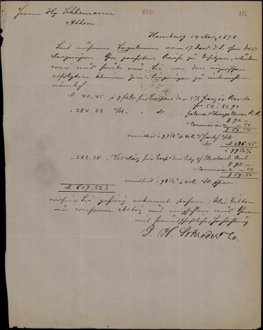 Letter sent by Schröder, Henry J. & Co. to Schliemann, Heinrich, 1878