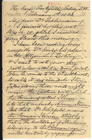 Letter sent by Smith, Philip to Schliemann, Heinrich, 1883