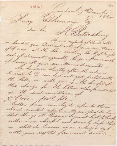 Letter sent by Prange & Meyer to Schliemann, Heinrich, 1860