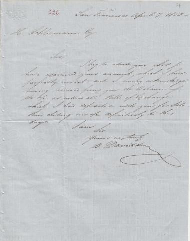 Letter sent by Davidson, Benjamin to Schliemann, Heinrich, 1852