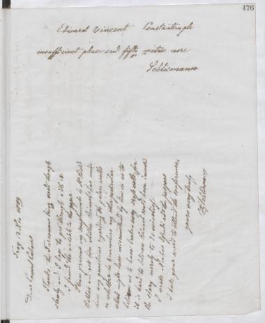 Copy of letter by Schliemann, Heinrich to Calvert, Frank, 1889