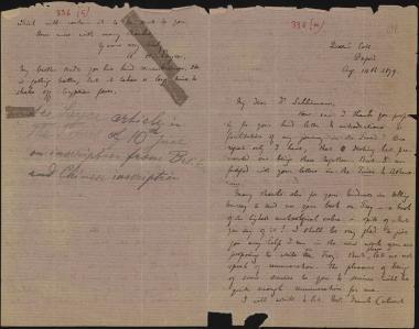 Letter sent by Sayce, Archibald Henry to Schliemann, Heinrich, 1879