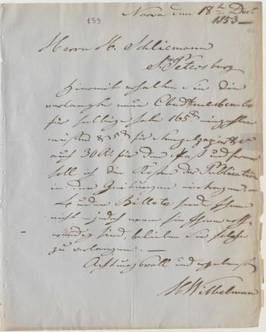 Letter sent by Wibbelmann, Hermann to Schliemann, Heinrich, 1853