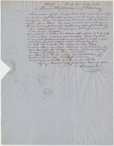 Letter sent by Langer, Wanner & Co. to Schliemann, Heinrich, 1863