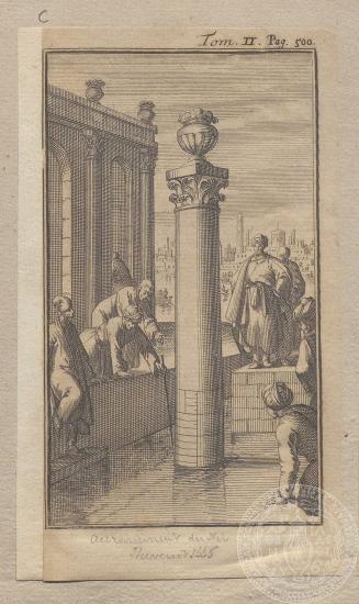 Μέτρηση της στάθμης των νερών του ποταμού Νείλου με τη χρήση νειλόμετρου. Λιθογραφία, 1665.