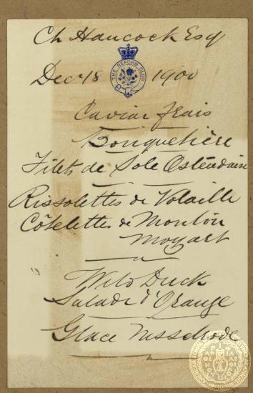 Το μενού του δείπνου της 18ης Δεκεμβρίου 1900 στο Reform Club του Λονδίνου.