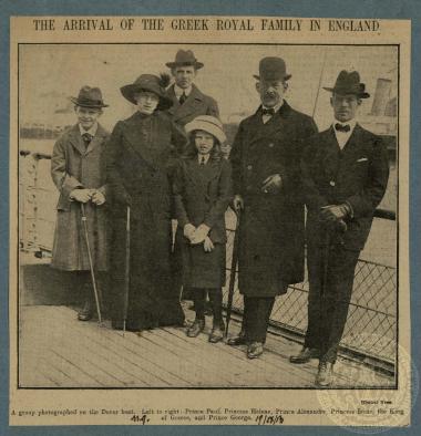 The arrival of the Greek Royal family in England.