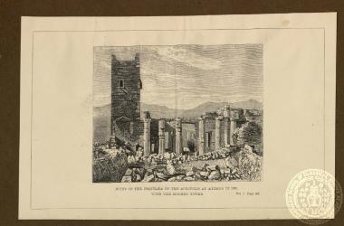 Ruins of the Propylea of the Acropolis at Athens in 1855, with the modern tower.