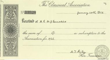 Απόδειξη παραλαβής της ετήσιας συνδρομής του Ιωάννη Γενναδίου στη 