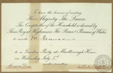 Πρόσκληση του Ιωάννη Γενναδίου σε garden party στο Marlborough House στις 5 Ιουλίου 1893 από τη βασίλισσα και τον πρίγκηπα της Ουαλίας Edward Albert (1841-1910).