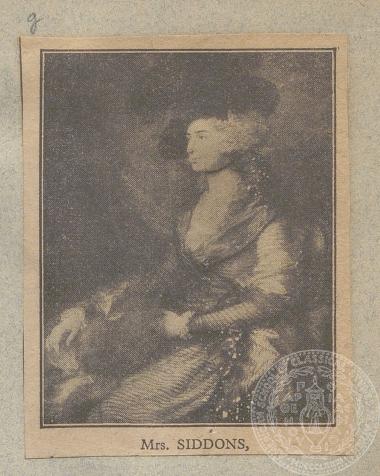 Απόκομμα εντύπου που απεικονίζει ασπρόμαυρο πορτραίτο της ηθοποιού Sarah Siddons.