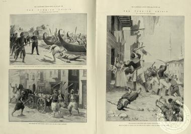The turkish crisis: Fuad Pasha repulsing a band of Kurds who made an attempt to land at Kadi-Kioi, opposite Constantinople to massacre Armenians. The turkish Red Cross Society carting away the dead after a massacre. The massacre in the Kassim Pasha quart