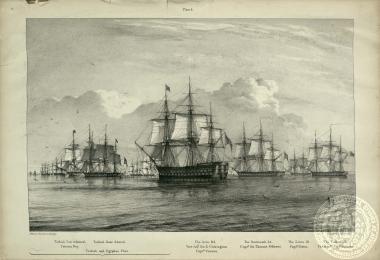 Σκηνή από τη ναυμαχία του Ναυαρίνου που διεξήχθη στις 8/20 Οκτωβρίου 1827 μεταξύ των συμμαχικών ευρωπαϊκών δυνάμεων (Αγγλία, Γαλλία, Ρωσία) και του τουρκοαιγυπταικού στόλου: βρετανικά και τουρκικά πλοία κατά τη διάρκεια της μάχης.