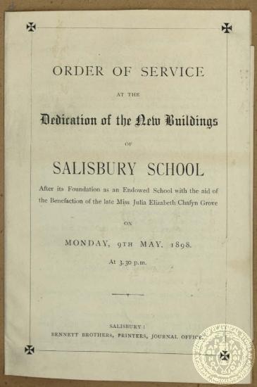 Order of Service at the dedication of the New Buildings of Salisbury School on Monday, 9th May, 1898