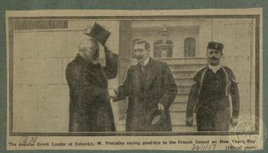 The popular Greek leader at Salonika: M. Venizelos saying goodbye to the French consul in New Year’s Day.
