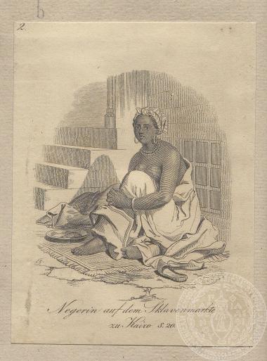 Χαρακτικό με αναπαράσταση μαύρης γυναίκας σε σκλαβοπάζαρο, στο Κάιρο.