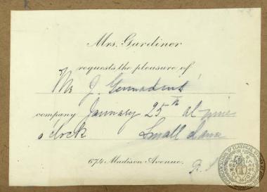 Πρόσκληση του Ιωάννη Γενναδίου σε δείπνο στις 25 Ιανουαρίoυ 1894 από την κα. Gardiner.