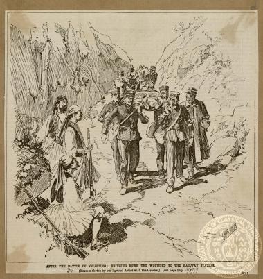 After the battle of Velestino: Bringing down the wounded to the railway station.