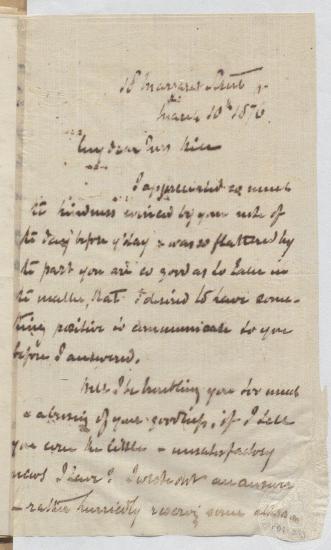 Αντίγραφο επιστολής του Ιωάννη Γεννάδιου προς την Jane D. Hill στις 06/03/1876 σχετικά με την αρθρογραφία του για τις ανασκαφές στην Ολυμπία.