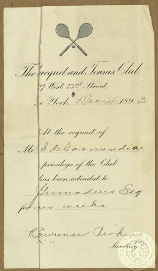 Ενημέρωση του Ιωάννη Γενναδίου ότι έγινε δεκτός ως προσωρινό μέλος στη λέσχη αντισφαίρισης (Racquet and Tennis Club) για δύο εβδομάδες.