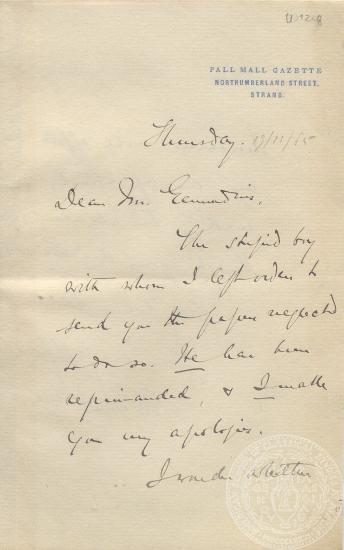 Χειρόγραφη επιστολή του Norman στον Ιωάννη Γεννάδιο, 19/11/1885
