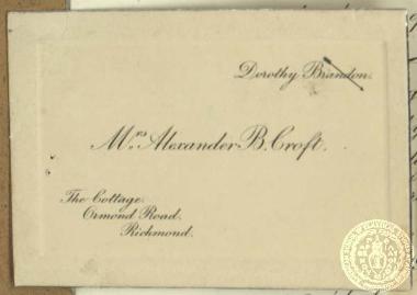 Carte de visite του Alexander B. Croft, συζύγου της Dorothy Brandon, στων οποίων το γάμο ο Ι. Γεννάδιος ήταν προσκεκλημένος.