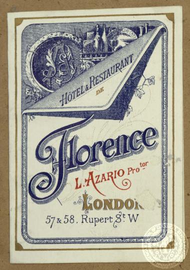Κάρτα του ξενοδοχείου - εστιατορίου Florence, στο Λονδίνο.