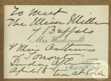 Carte de visite της κα Westervelt, η οποία φέρει χειρόγραφη πρόσκληση για τσάι.