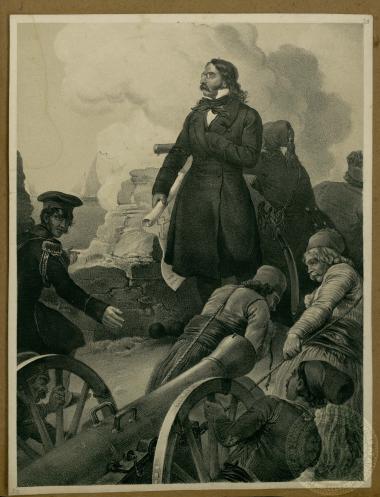 Ο Αλέξανδρος Μαυροκορδάτος στα μισογκρεμισμένα τείχη πολιορκούμενης πόλης, πιθανώς του Μεσολογγίου, κατευθύνει το πυροβολικό.