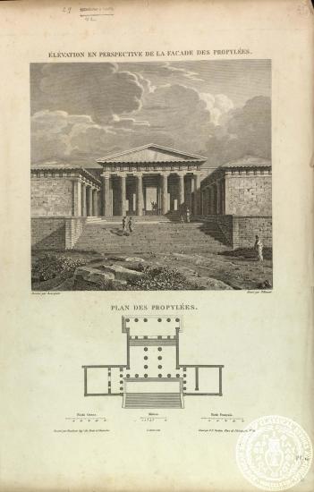 Elévation en perspective de la facade des Propylées. Plan des Propylées