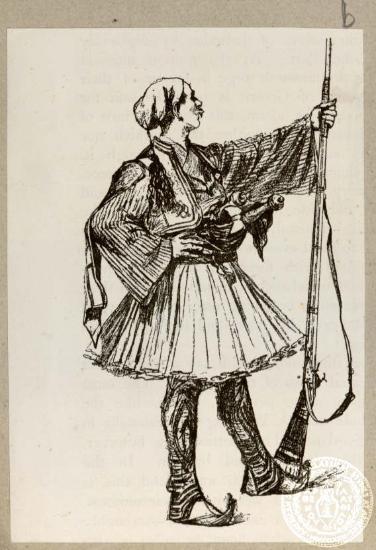 Φουστανελοφόρος με κουμπούρια περασμένα στη ζώνη στηρίζεται με το αριστερό χέρι στο τουφέκι του.