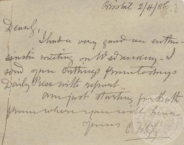 Επιστολή του C. Fitzgerald προς τον Ιωάννη Γεννάδιο, 02/04/1886