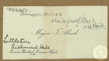 Carte de visite του ταγματάρχη T. Aked.