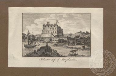 Απόκομμα με χαρακτικό άποψης του κάστρου των Στροφάδων