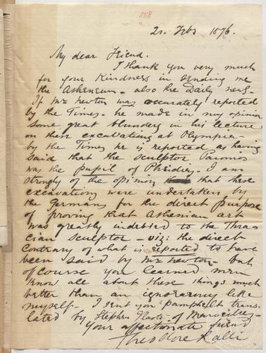 Επιστολή του Θεόδωρου Ράλλη προς τον Ιωάννη Γεννάδιο στις 21/02/1876 σχετικά με την ανακάλυψη την Νίκης του Παιωνίου στην Ολυμπία και τα σχετικά δημοσιεύματα στον τύπο.