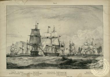 Σκηνή από τη ναυμαχία του Ναυαρίνου που διεξήχθη στις 8/20 Οκτωβρίου 1827 μεταξύ των συμμαχικών ευρωπαϊκών δυνάμεων (Αγγλία, Γαλλία, Ρωσία) και του τουρκοαιγυπταικού στόλου: ένωση τουρκικού και αιγυπτιακού στόλου.