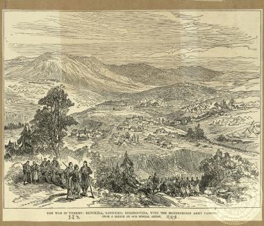 The war in Turkey: Metokhia, Gatschko, Herzegovina, with the montenegrin army passing.