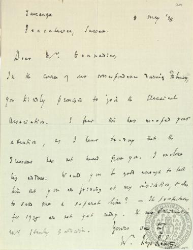Επιστολή από μέλος του Classical Association σχετική με την υποψηφιότητα του Ιωάννη Γενναδίου για να γίνει μέλος.