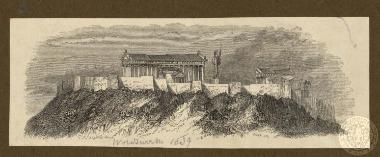 Άποψη των μνημείων στο βράχο της Ακρόπολης, αναστηλωμένων από τον καλλιτέχνη.