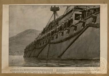 The occupation of Volo: Sailors on the Greek warship ‘Hydra’ watching the Turks entering the town.