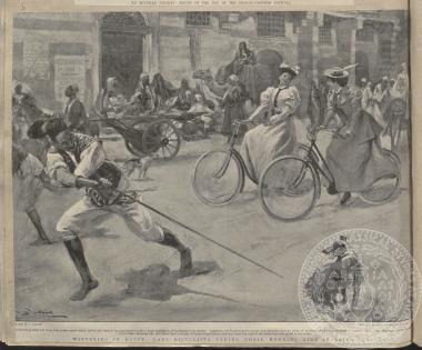 Γυναίκες Ευρωπαίες ή Αμερικάνες σε πρωινή βόλτα με τα ποδήλατά τους, στο Κάιρο. Έργο δημοσιευμένο στην εφημερίδα 